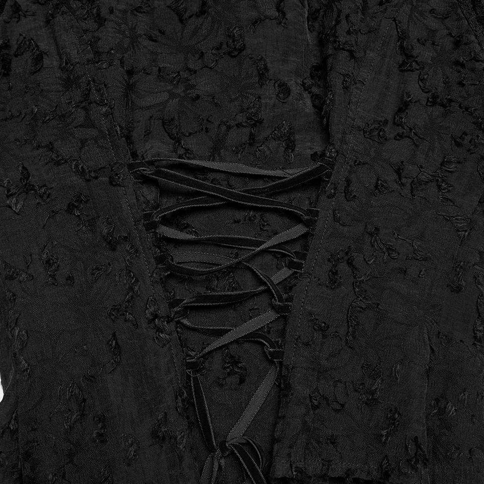 Close-up detail of gothic blouse rear corset lace-up with ribbon lacing and floral texture