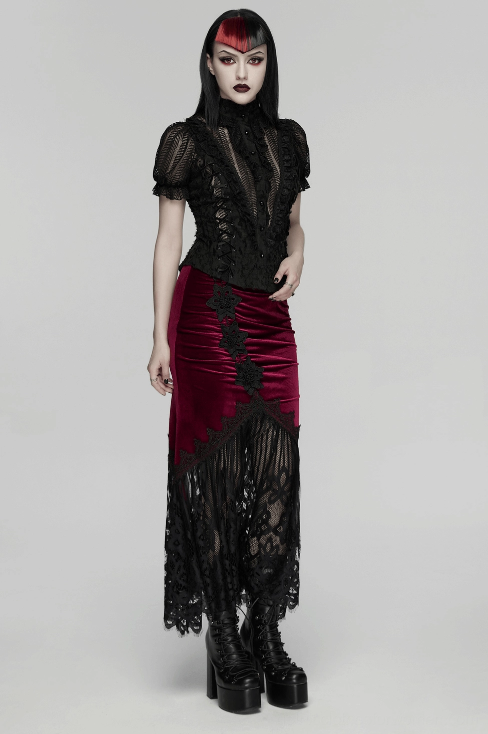 Gothic lace-up blouse back styling view showing corset closure and puff sleeve volume