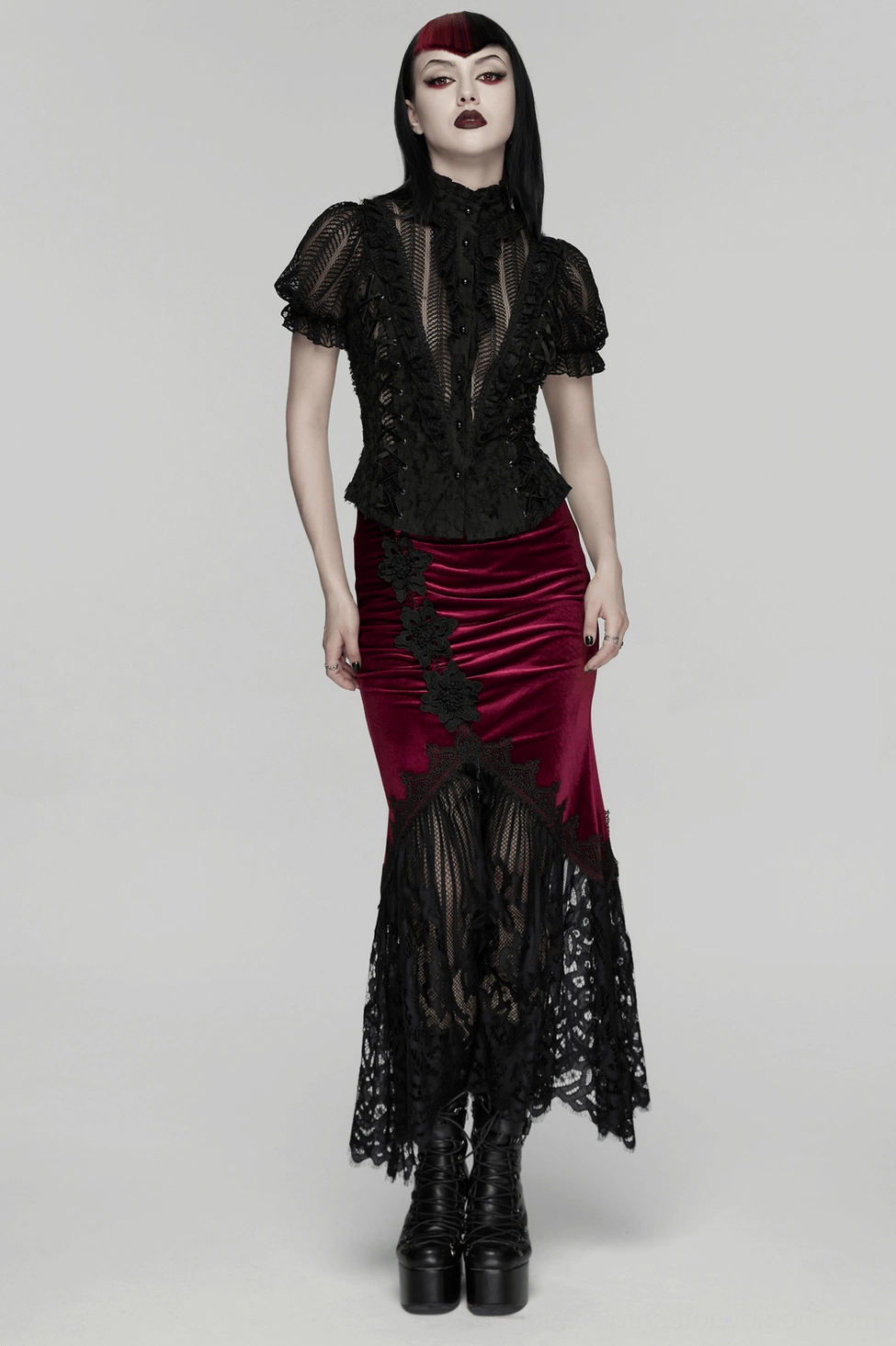 Gothic bubble sleeve blouse fabric texture and lace layering detail closeup