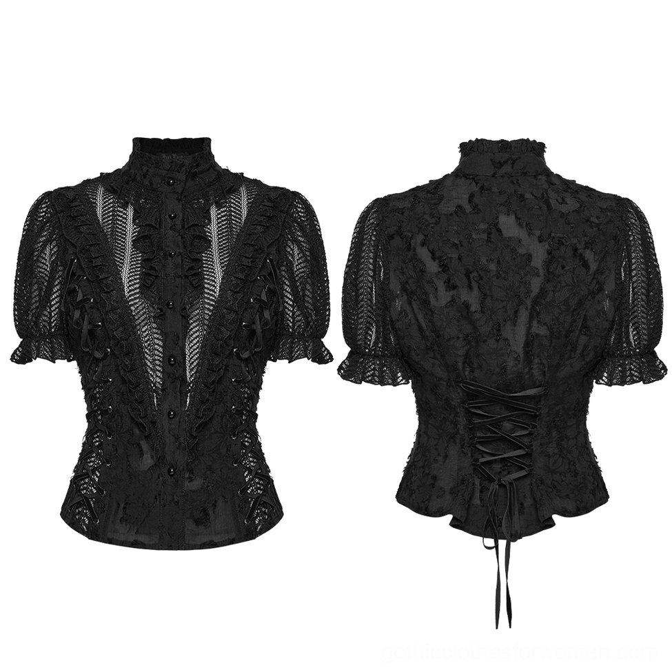 Gothic bubble sleeve blouse flat lay showing front and back design with black floral lace