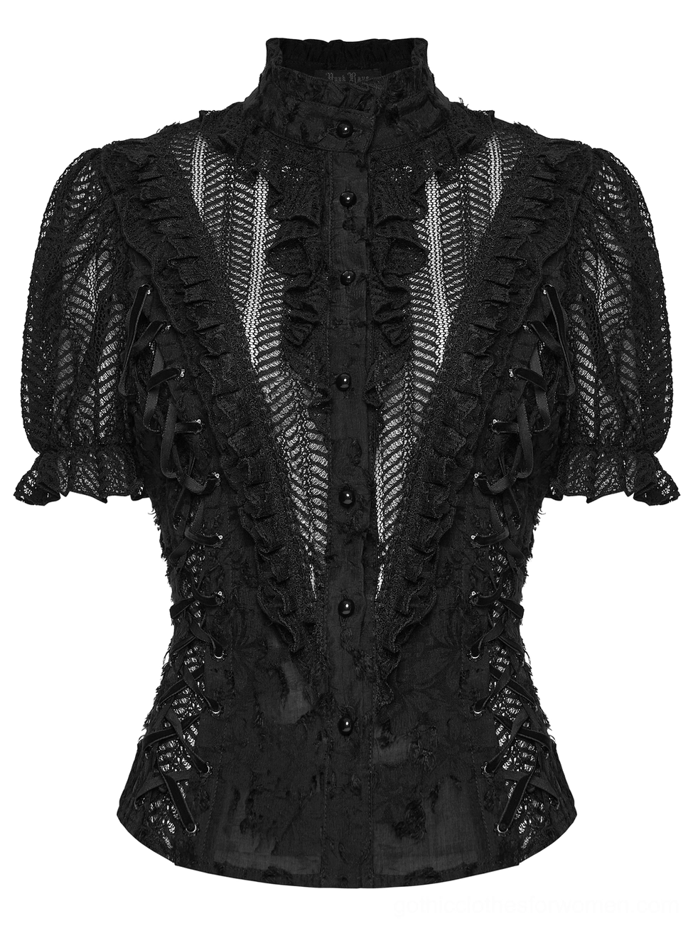 Gothic lace-up blouse front flat lay detail showing button front and sheer lace panels