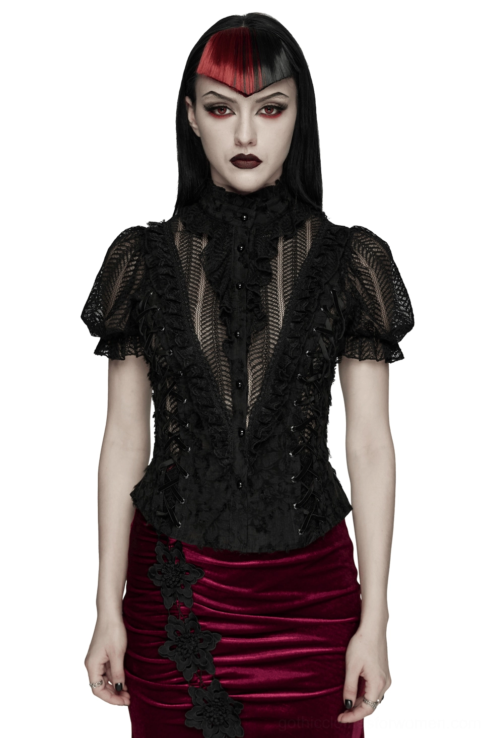 Black gothic lace-up bubble sleeve blouse front view with sheer floral lace panel and ruffled high collar