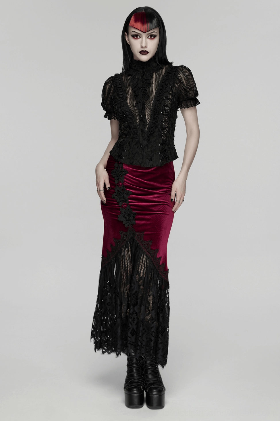 Gothic bubble sleeve blouse styling detail showing lace-up front and silhouette