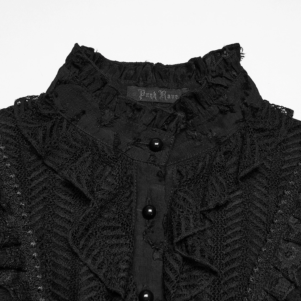 Close-up of gothic blouse high ruffled collar with black buttons and brand detail