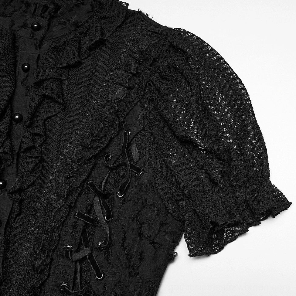 Gothic lace-up bubble sleeve blouse showing architectural shoulder detail and dramatic puff sleeves