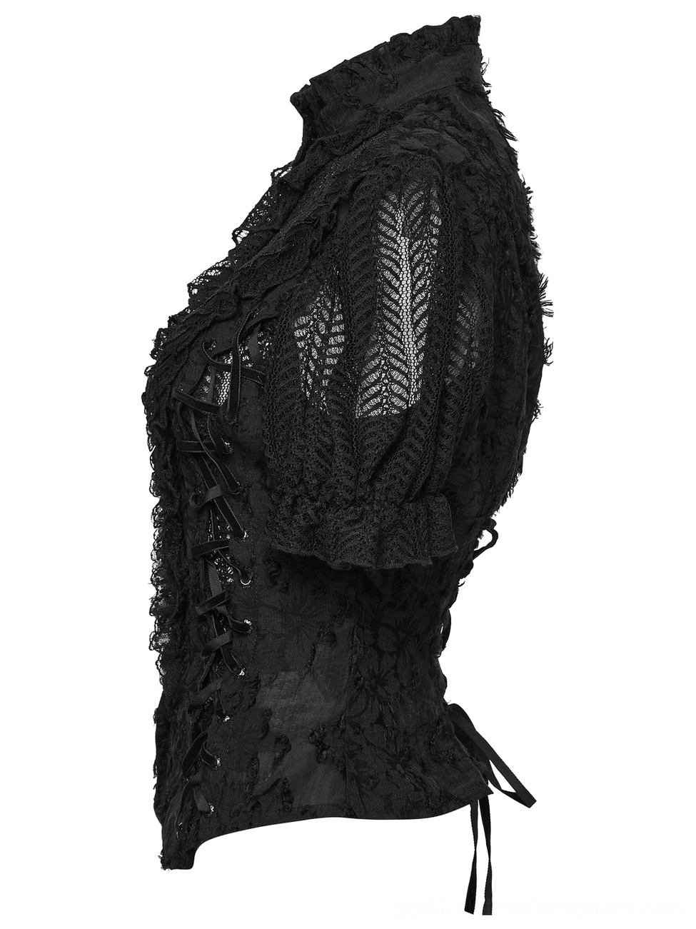 Gothic lace blouse side flat lay showing textured floral fabric and lace detail