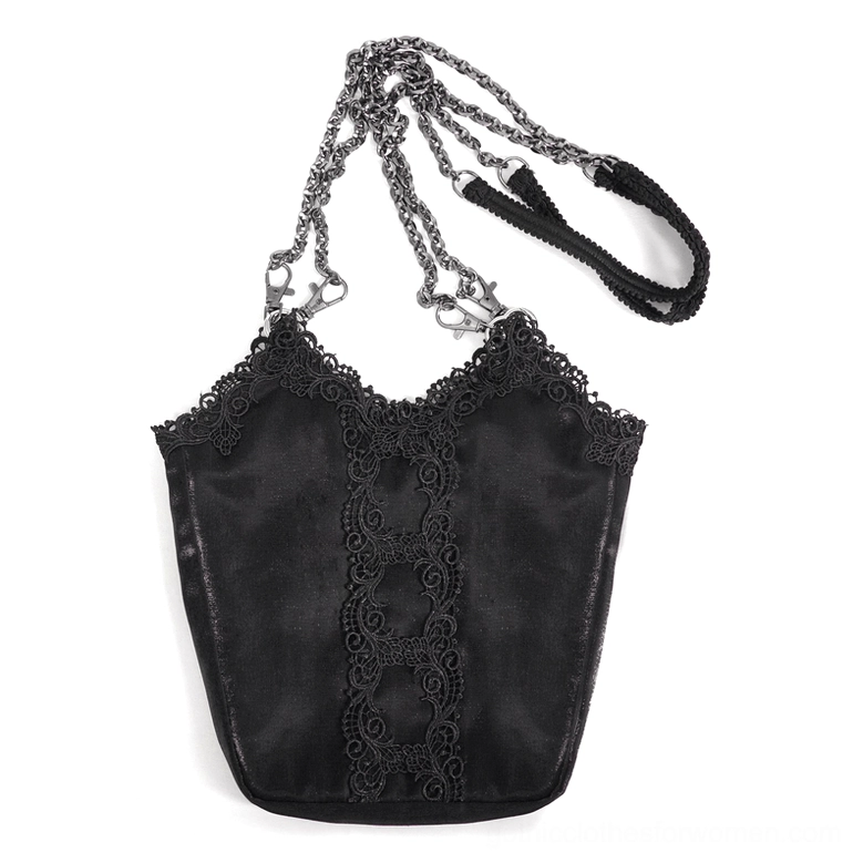 Side profile of black gothic bucket bag showing vertical lace panel and mixed chain fabric strap