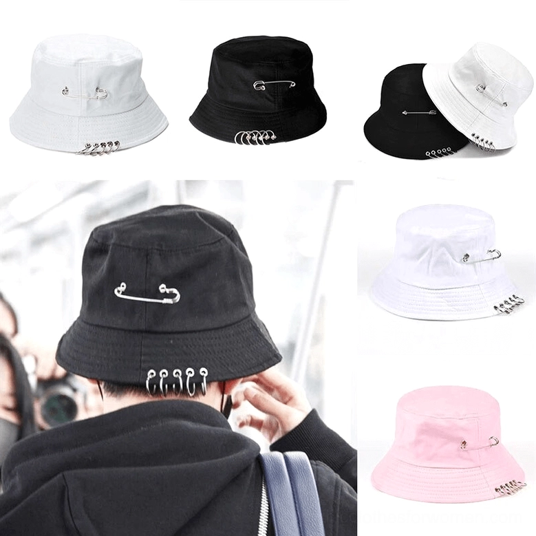 Male model wearing black gothic pin ring bucket hat with white and pink variants shown, rear view alternative fashion