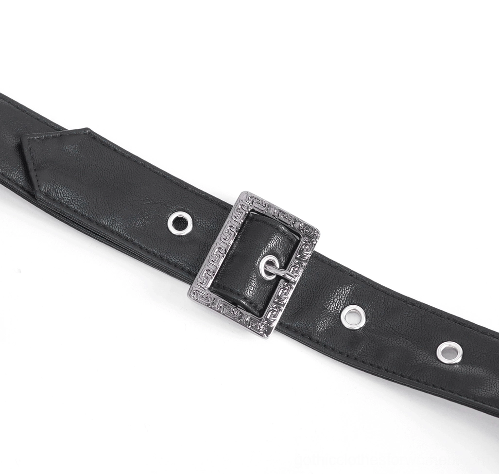 Close-up flat lay of black PU waist belt with vintage silver buckle, metal eyelets, and industrial snap button hardware details