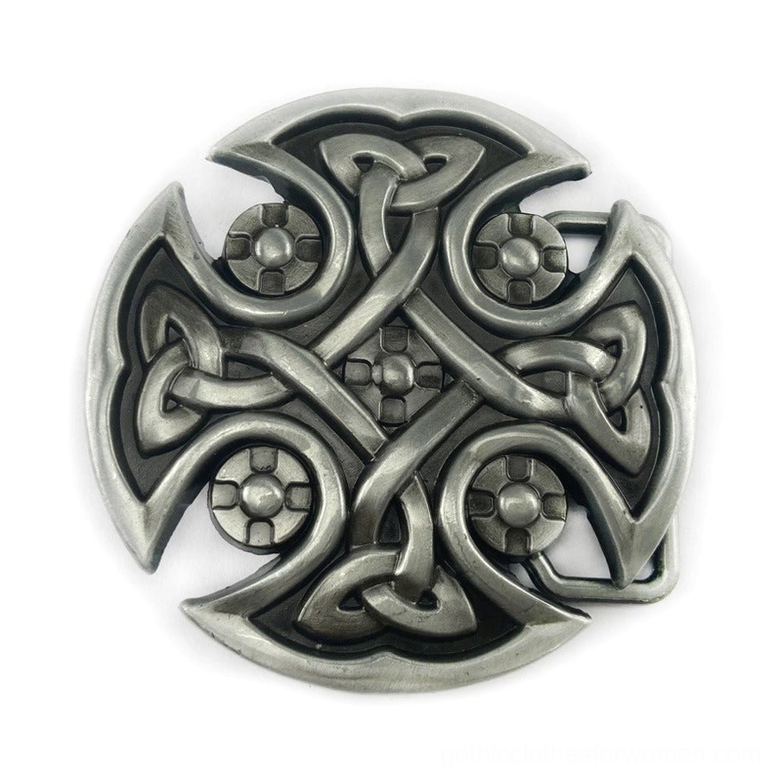 Antique silver Celtic cross buckle with dimensional hollow-carved knot pattern detail