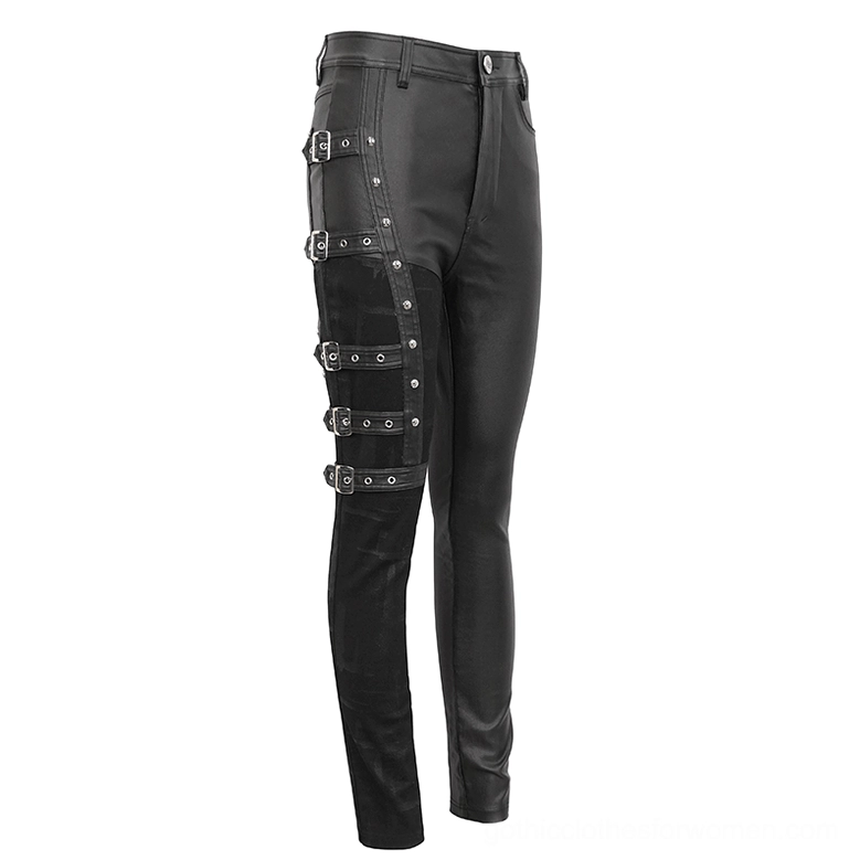 Black gothic splice pants close-up flat lay, detailed view of multi-row buckle strap embellishments on thigh