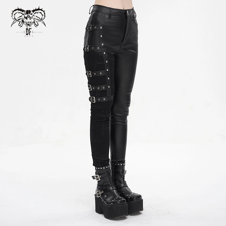 Black gothic pants measurement reference, slim-fit silhouette with buckle splice embellishments
