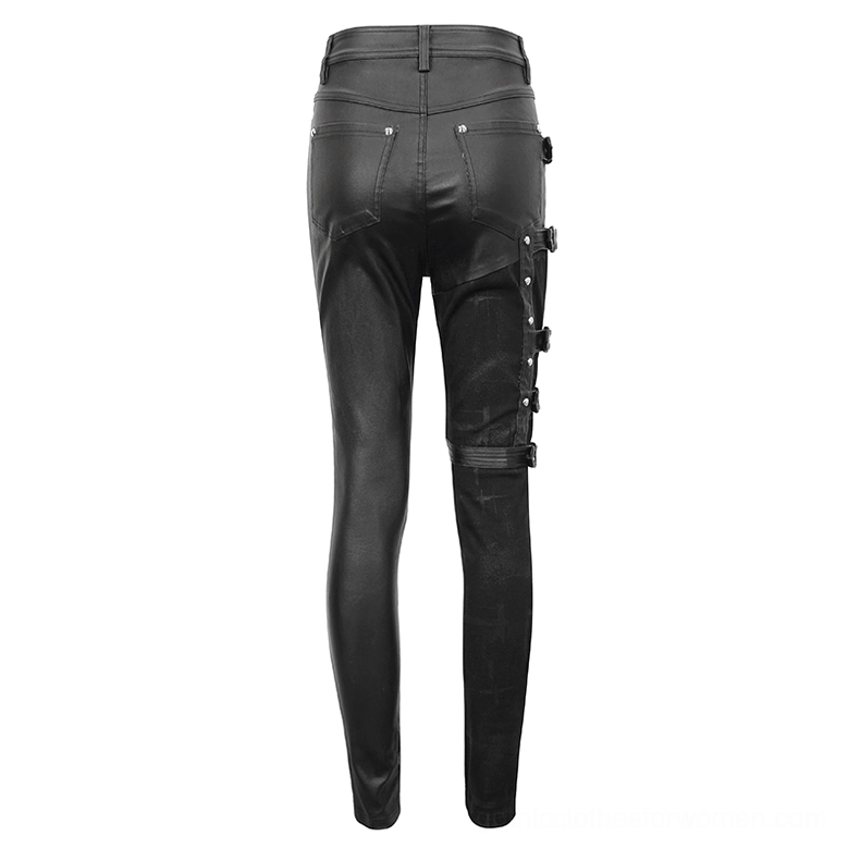 Black gothic pants flat lay back view, showing buckle strap details and back pocket construction