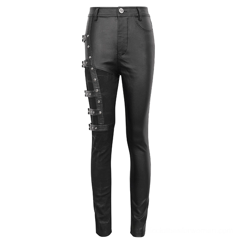 Black gothic pants with multi-buckle splice detail flat lay front view, industrial punk style