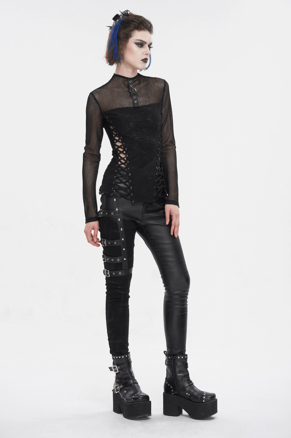 Black gothic pants material and texture close-up, faux leather quality and buckle hardware display