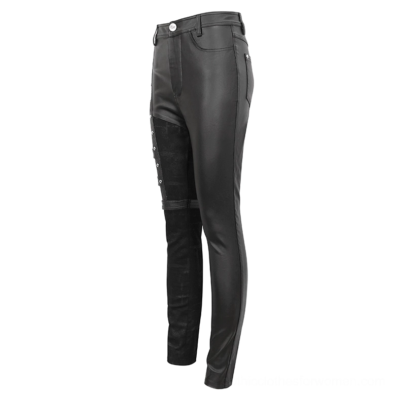 Black gothic pants side view flat lay, slim-fit silhouette with buckle decorations visible