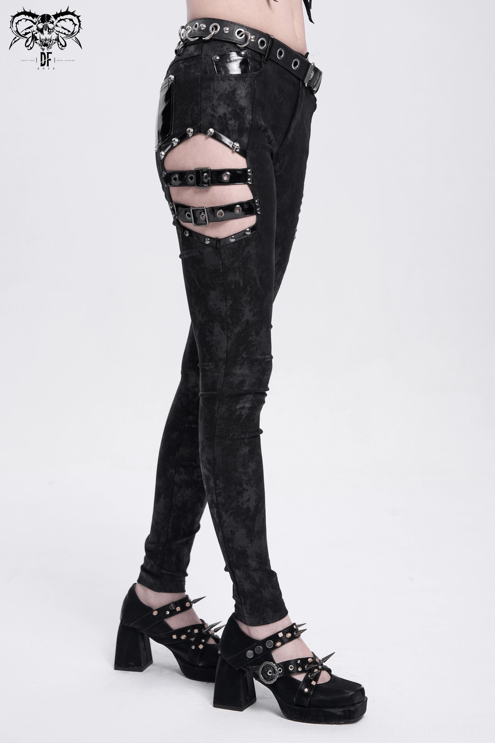 Gothic buckle pants front display showing marbled fabric texture and metal button closure