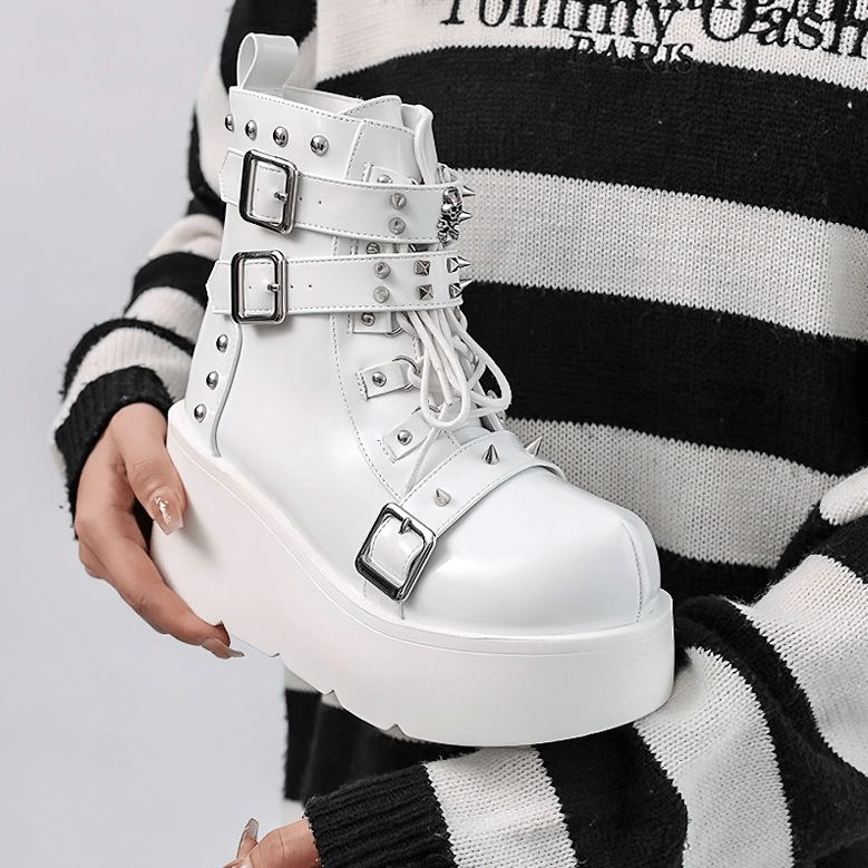 Gothic buckle platform boots women punk style ankle height rivet detail