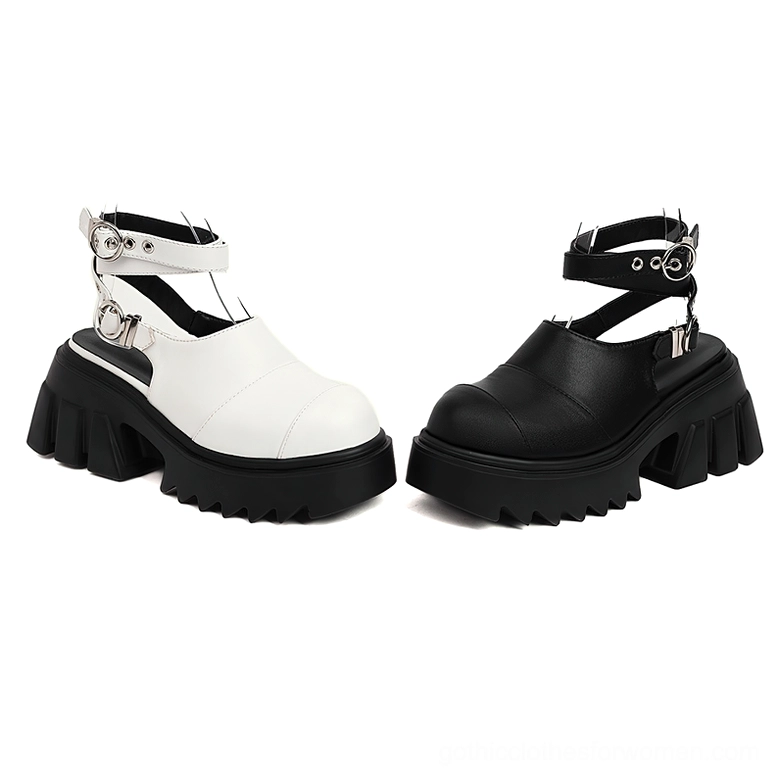 Gothic platform buckle sandals - white and black two-tone design with adjustable metal ankle strap