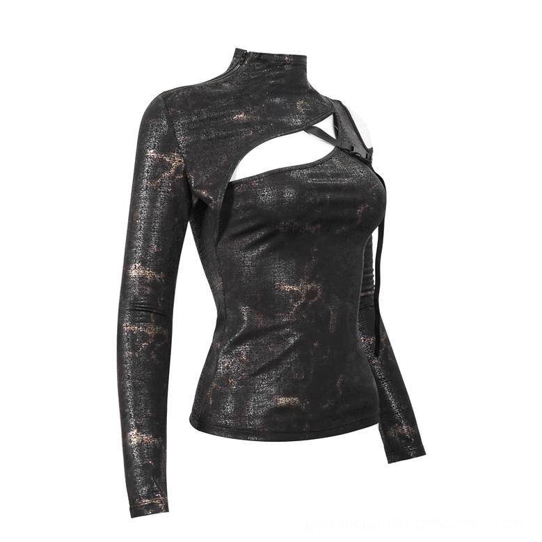 Black gothic slim fitted top with adjustable nylon buckle strap on asymmetrical cutout, right angle product view