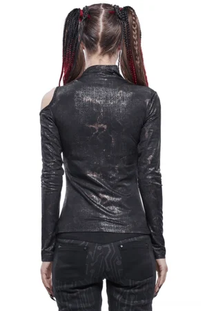 Black gothic long sleeve top with cold shoulder cutout and buckle strap detail, back view showing fitted silhouette
