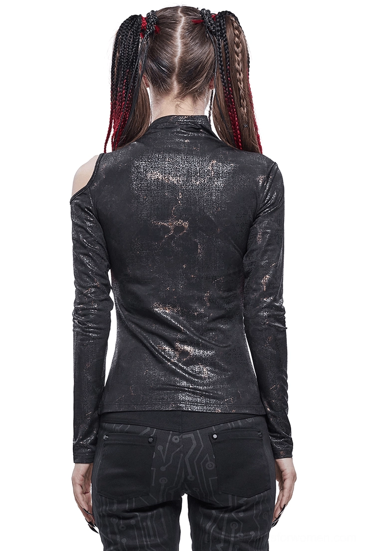 Black gothic long sleeve top with cold shoulder cutout and buckle strap detail, back view showing fitted silhouette