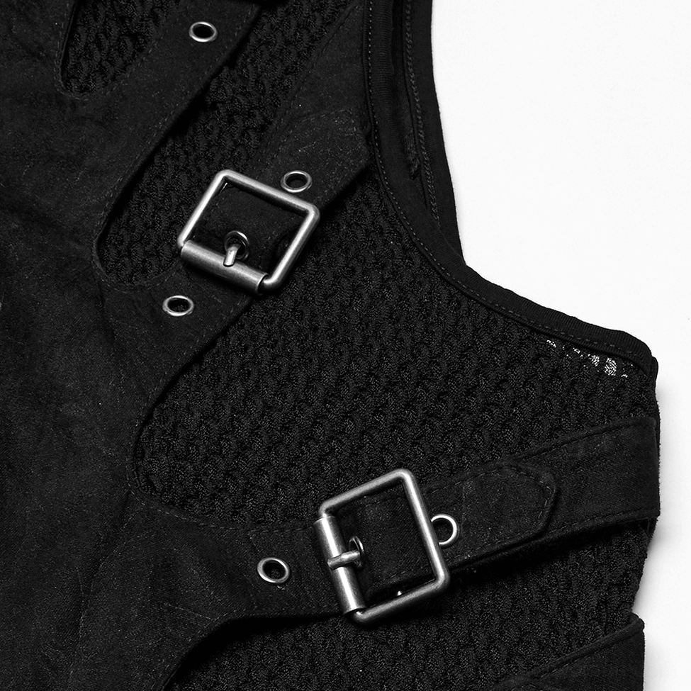 Close-up detail shot of square metal buckles and woven mesh fabric on gothic waistcoat, showcasing industrial hardware craftsmanship and material texture