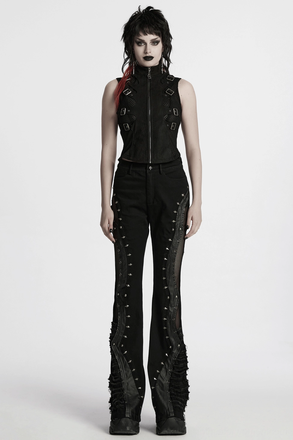 Structural detail of black gothic buckle vest showing side seaming, mesh integration, adjustable buckle strap configuration, and architectural design elements