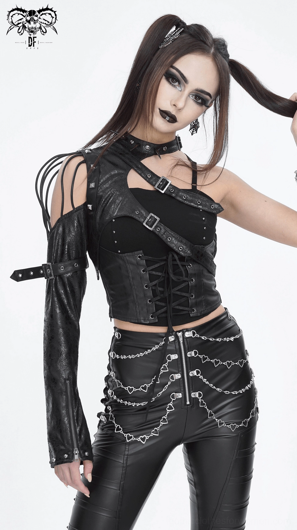 Gothic buckled harness accessory for women featuring asymmetrical sleeves and studded embellishment