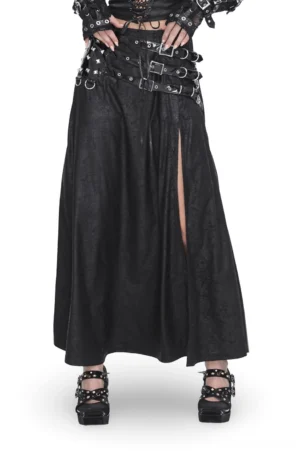 Black faux leather buckled maxi skirt with dramatic side slit, front full-body view showing multi-silver D-ring waist straps and floor-length silhouette