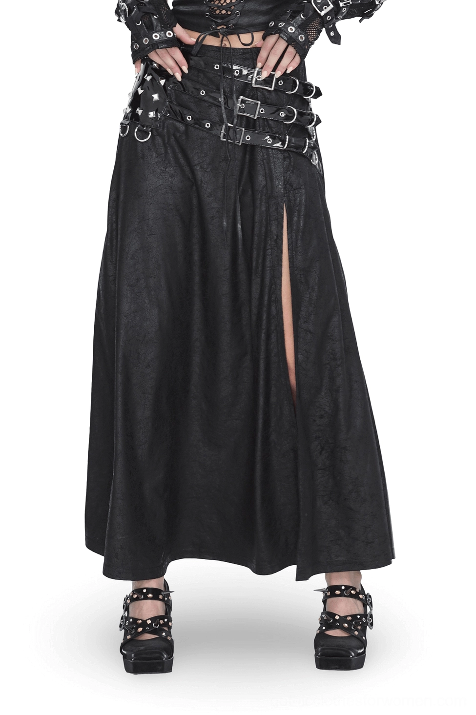 Black faux leather buckled maxi skirt with dramatic side slit, front full-body view showing multi-silver D-ring waist straps and floor-length silhouette