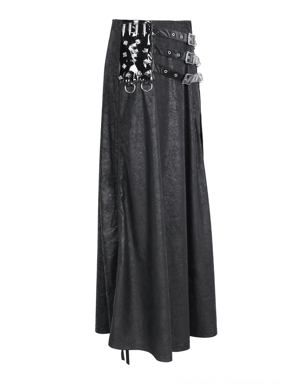 Black gothic faux leather maxi skirt front-right angle revealing studded bullet hardware, adjustable back lace-up details, and dramatic buckle straps