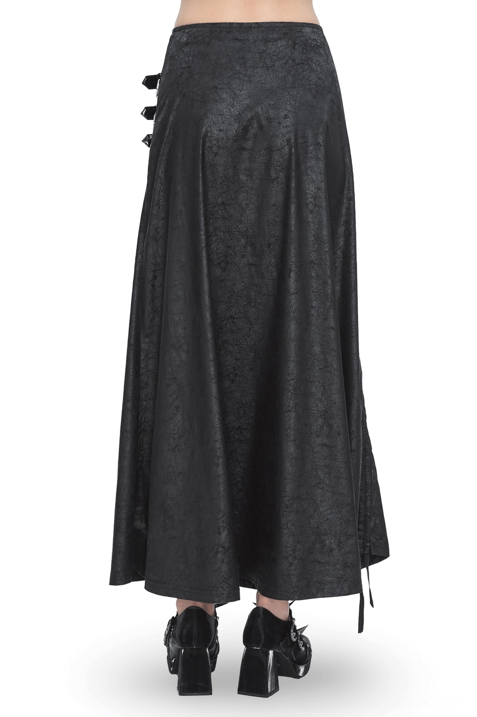 Black faux leather buckled maxi skirt rear view showcasing intricate lace-up back panel trim and cracked leather texture detail