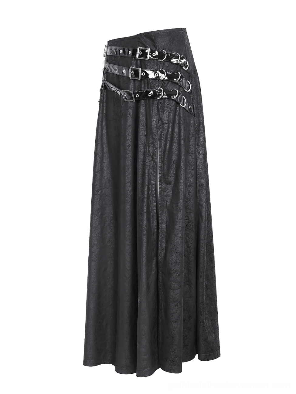 Black faux leather gothic maxi skirt left side profile showing elegant floor-length cut with side slit and multi-buckle waist design