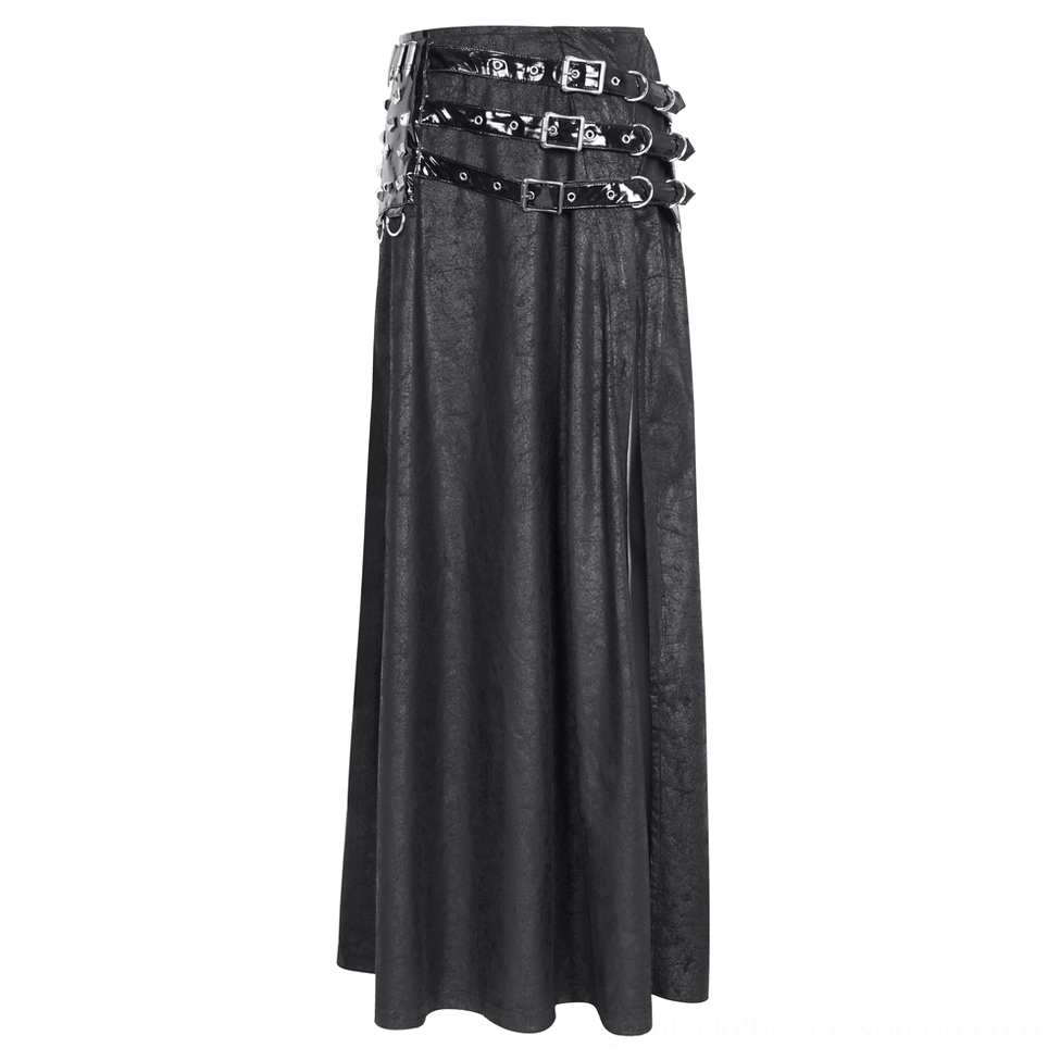 Black gothic buckled maxi skirt right front side angle displaying A-line silhouette, multiple silver buckle straps, and precise hardware placement