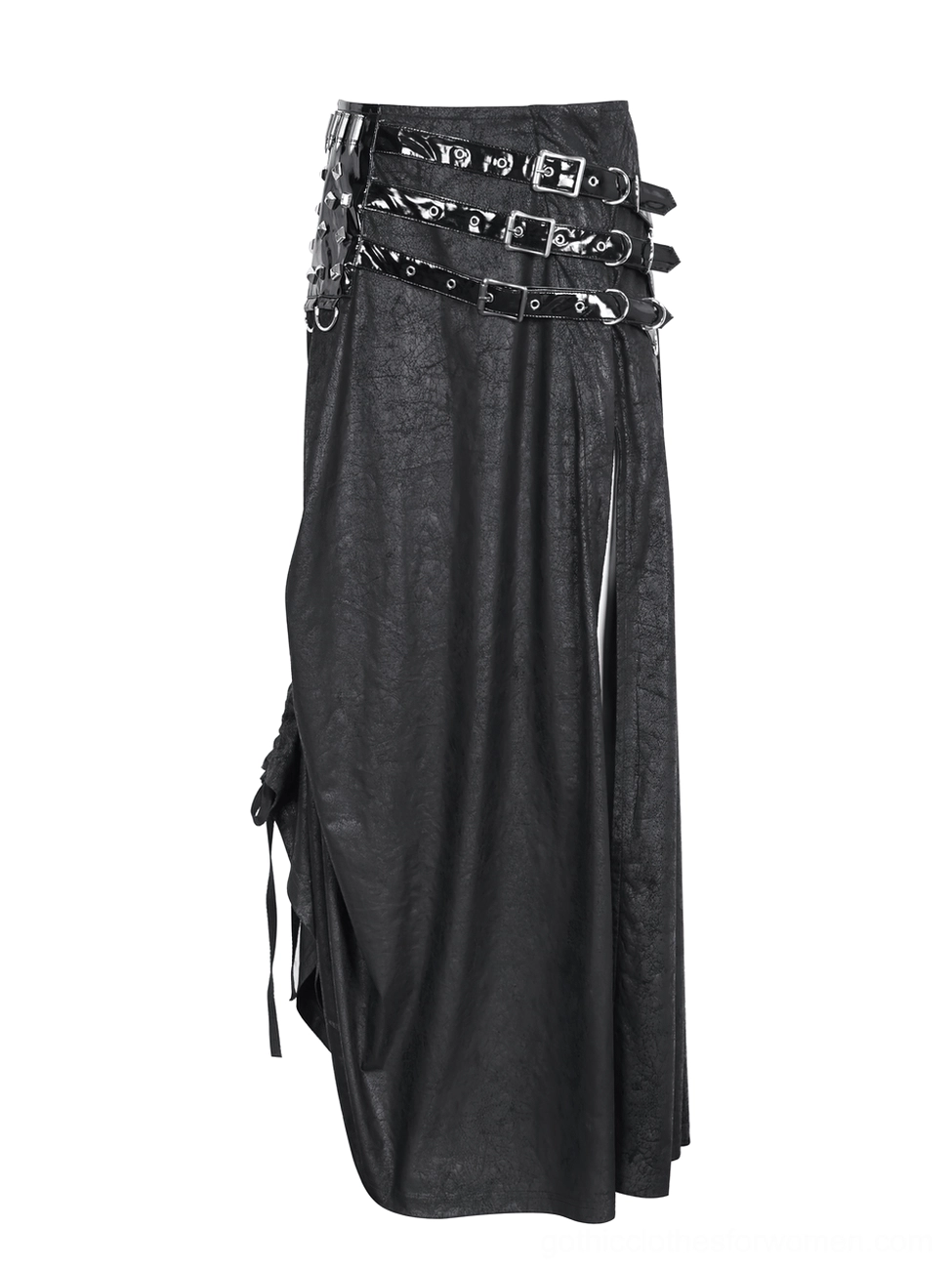 Black faux leather gothic maxi skirt left side showing dramatic side slit opening, back lace-up trim panel, and waist buckle strap detailing