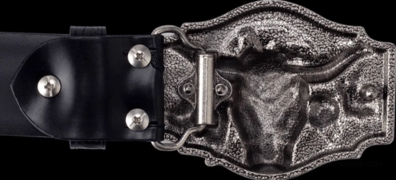 Gothic leather belt buckle attachment, silver bull head occult hardware, vintage construction detail