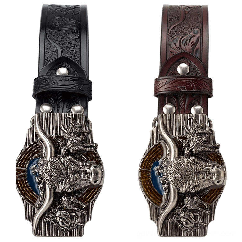 Gothic leather belt flat lay, bull head buckle front, three-quarter perspective, alternative fashion styling