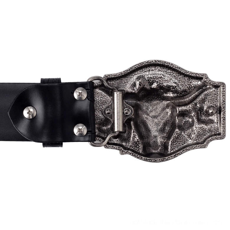 Gothic bull head leather belt rear view, silver buckle back detail, vintage alternative accessory