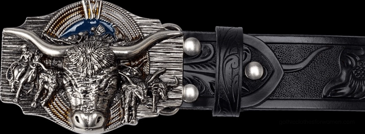 Gothic silver bull head buckle craftsmanship, metal casting detail, occult symbol jewelry style