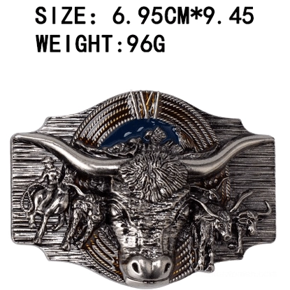 Silver bull head occult buckle overhead view with specifications, gothic alternative fashion hardware