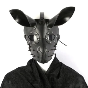 Black bunny mask with spiked rivets front view worn on mannequin with gothic cloak