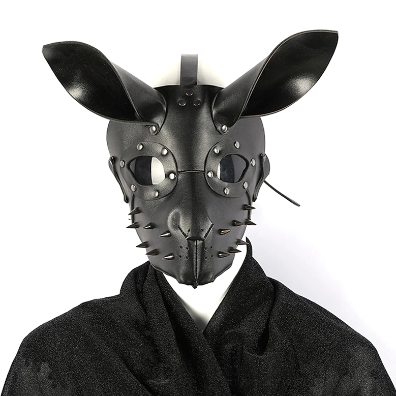Black bunny mask with spiked rivets front view worn on mannequin with gothic cloak