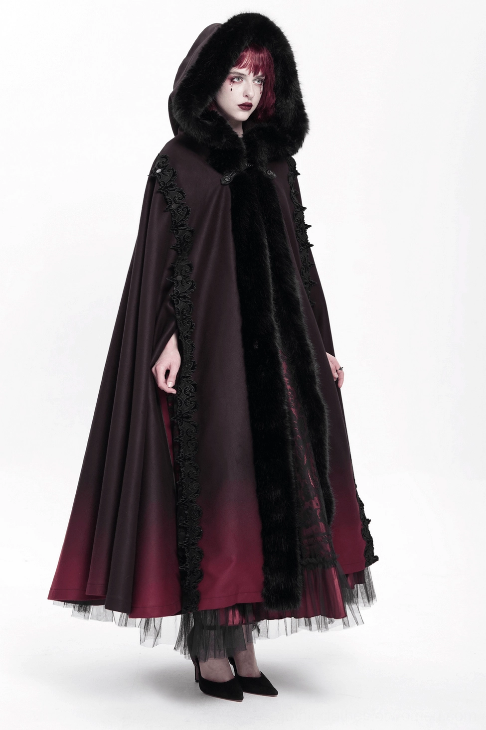 Gothic burgundy ombre cloak side profile view displaying cape drape and fabric movement