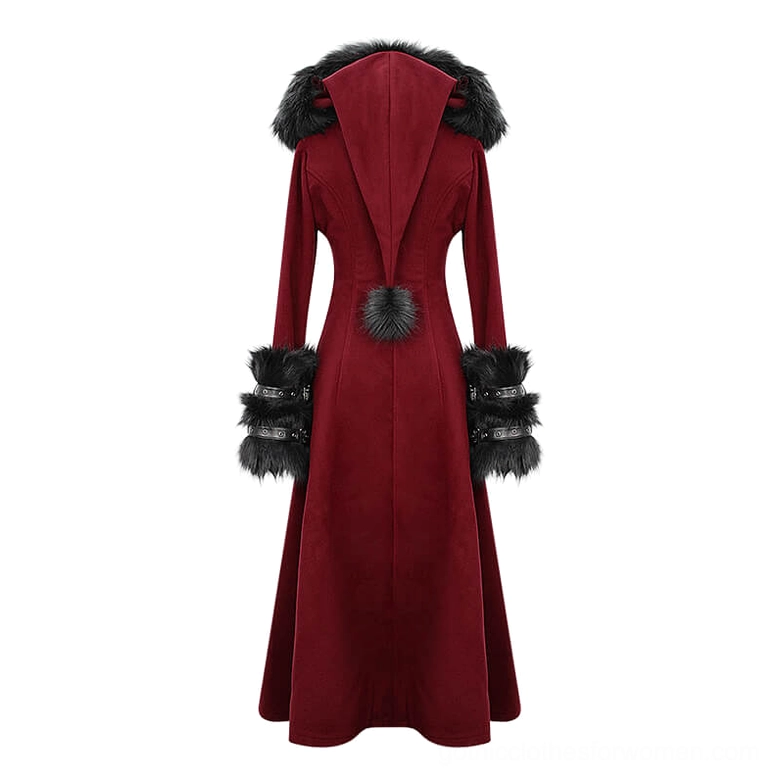 Back view display of burgundy gothic maxi coat showing hooded back and fur trim detailing