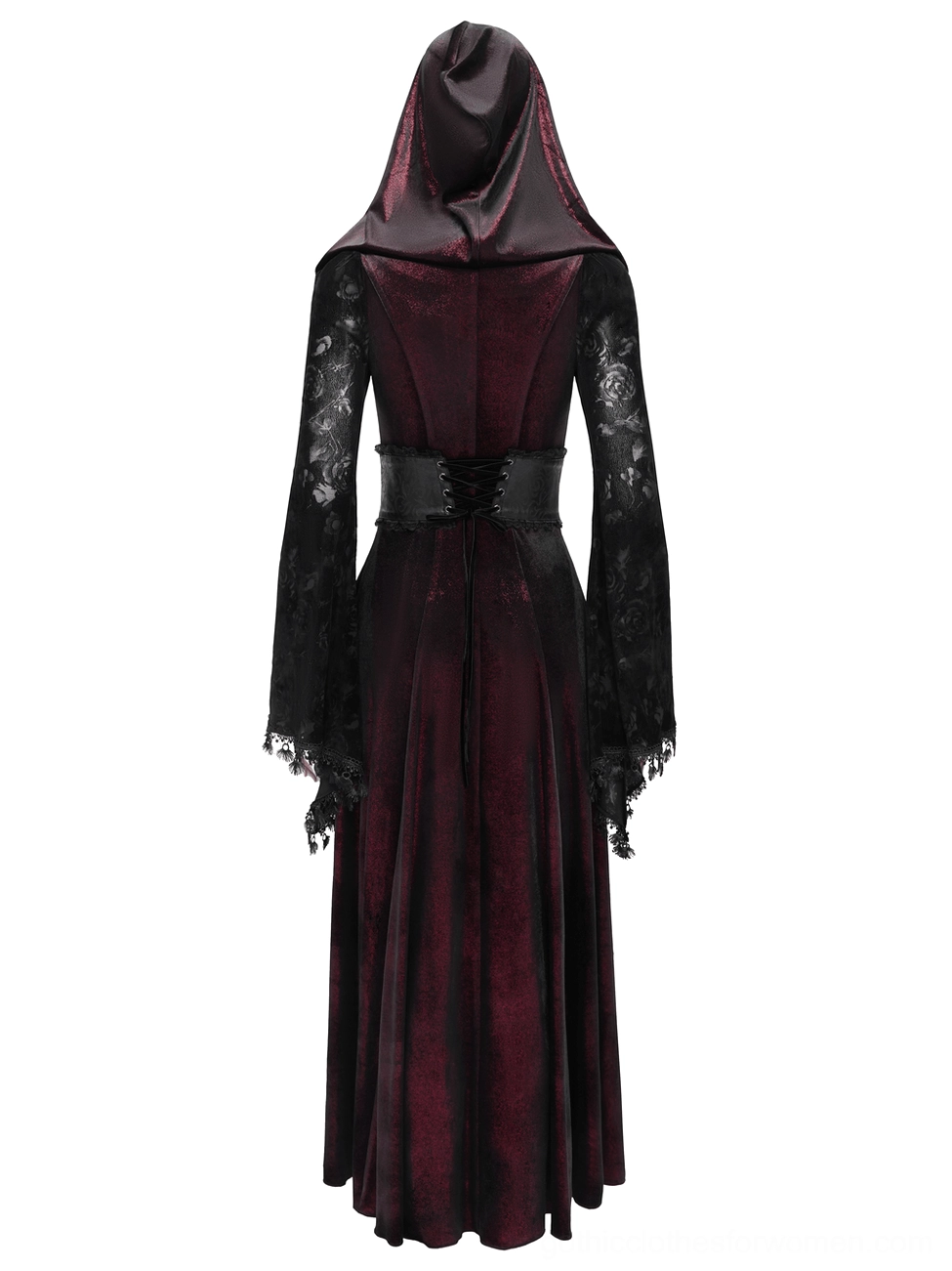 Gothic burgundy maxi coat back panel detail showing black lace sleeves and high corset waist belt structure