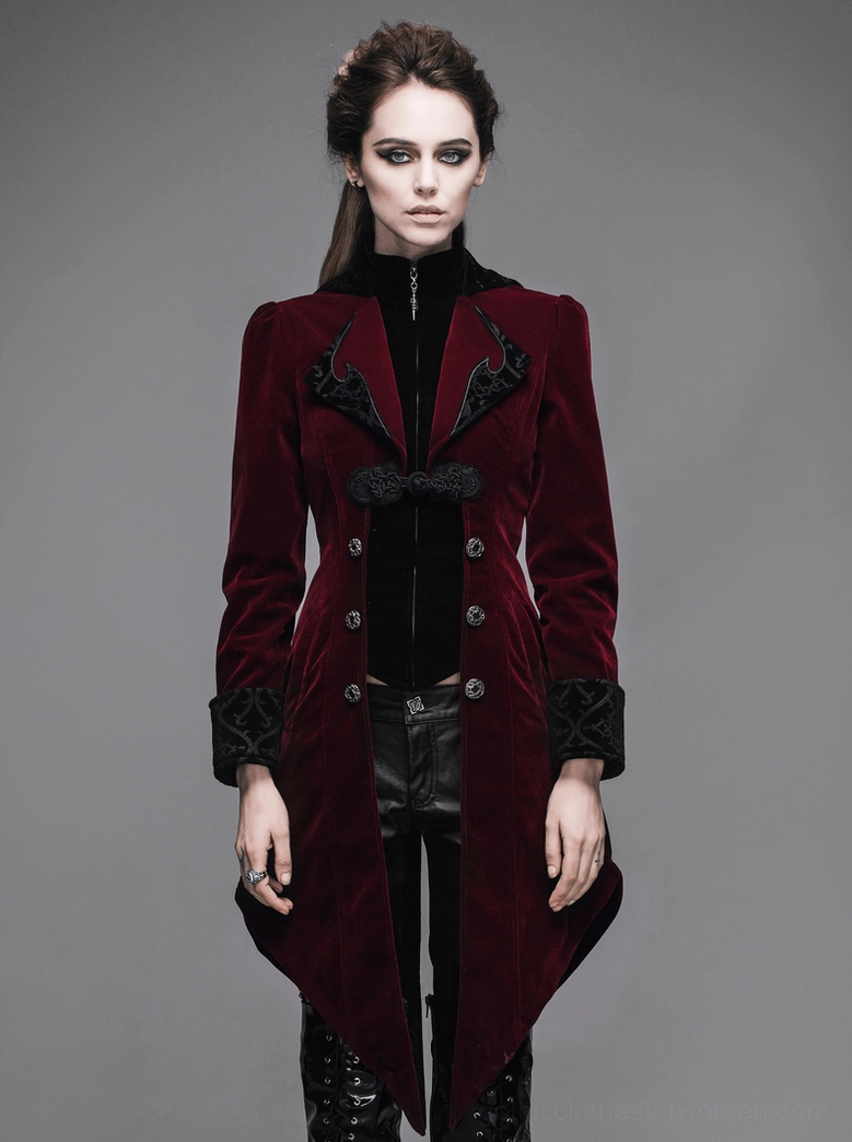 Gothic burgundy velvet coat full length styling - fitted silhouette and gothic aesthetic