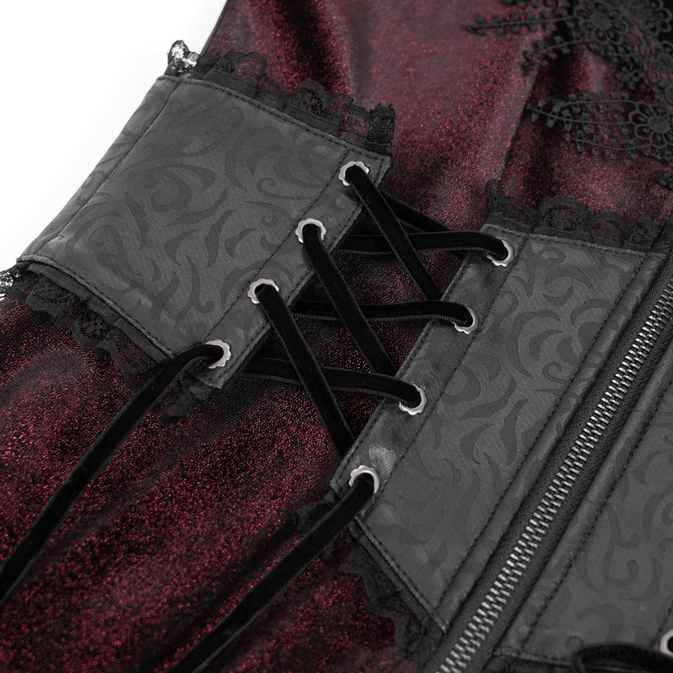 Gothic burgundy hooded coat with black lace trim and corset waist, full-body display on mannequin showing theatrical silhouette