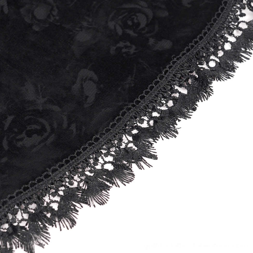 Gothic burgundy hooded coat back detail showing black lace sleeves and architectural corset waist design for dark fashion