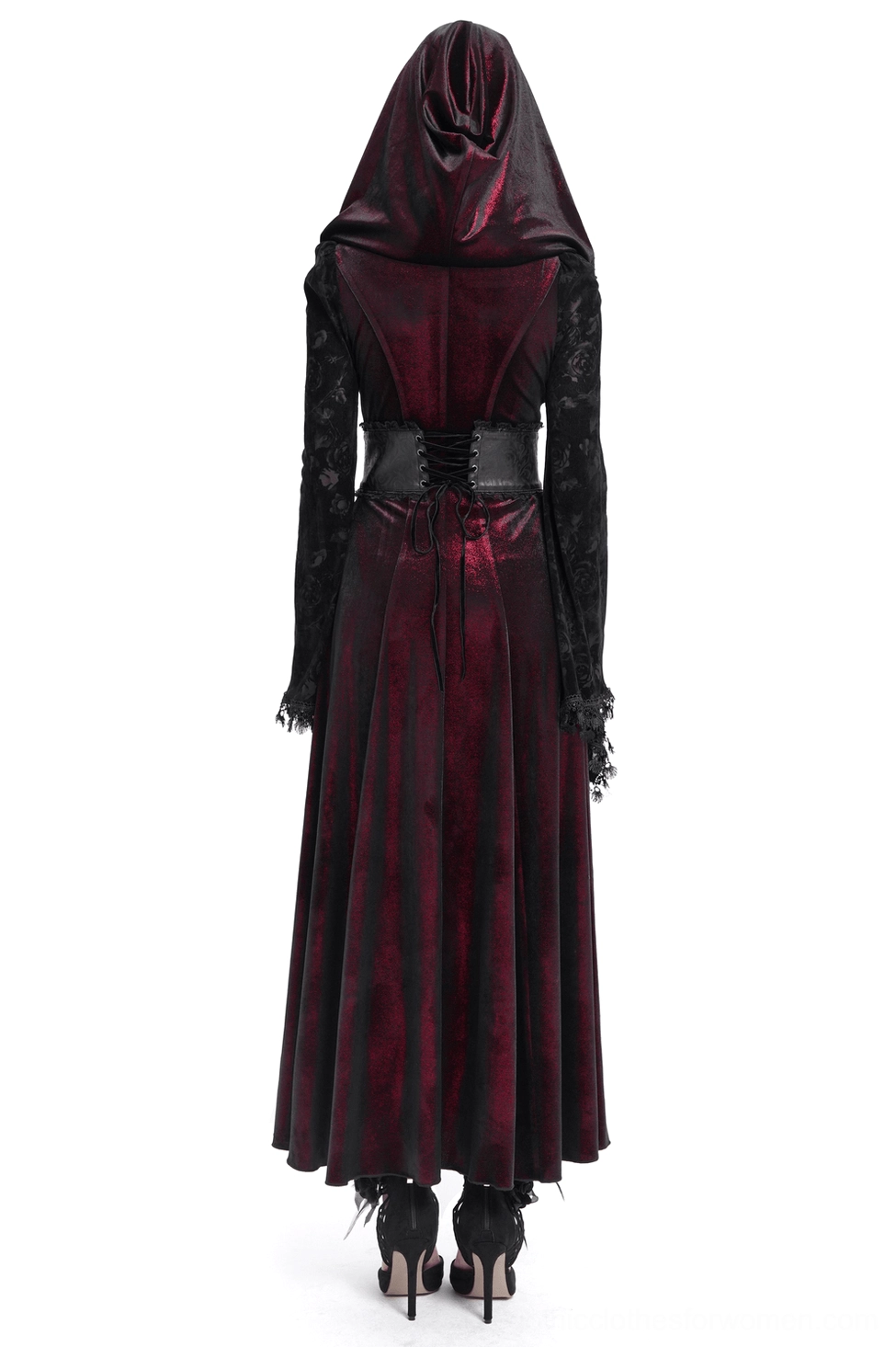 Gothic burgundy maxi coat with hooded lace detailing and black lace sleeves, full back view on mannequin displaying corset waist structure